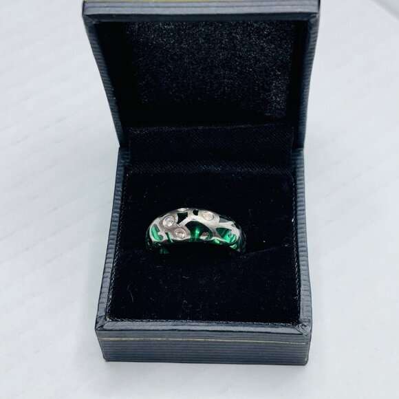 Vintage Sterling Silver Green Glass and Diamonique Stone Ring Size 8 - Picture 2 of 6